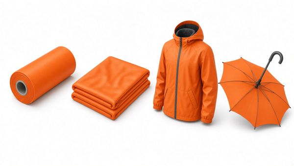 Illustration of a roll of orange coated fabric, folded sheets, a hooded rain jacket and an open umbrella